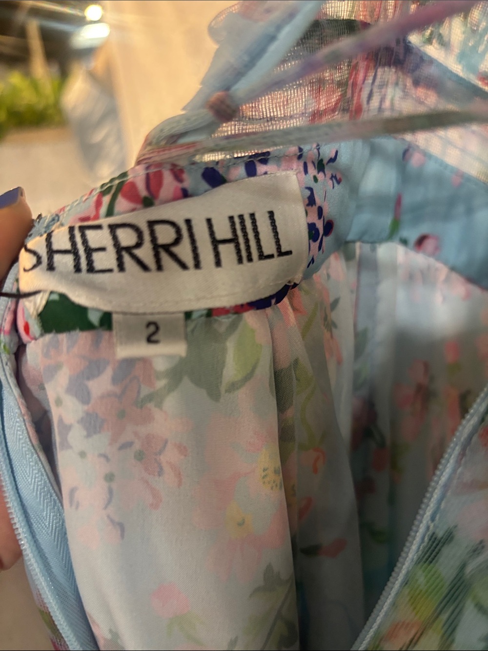 Sherri Hill 55560 Light Blue Floral Puff-Sleeve Tulle Gown - Picture 10 of 12